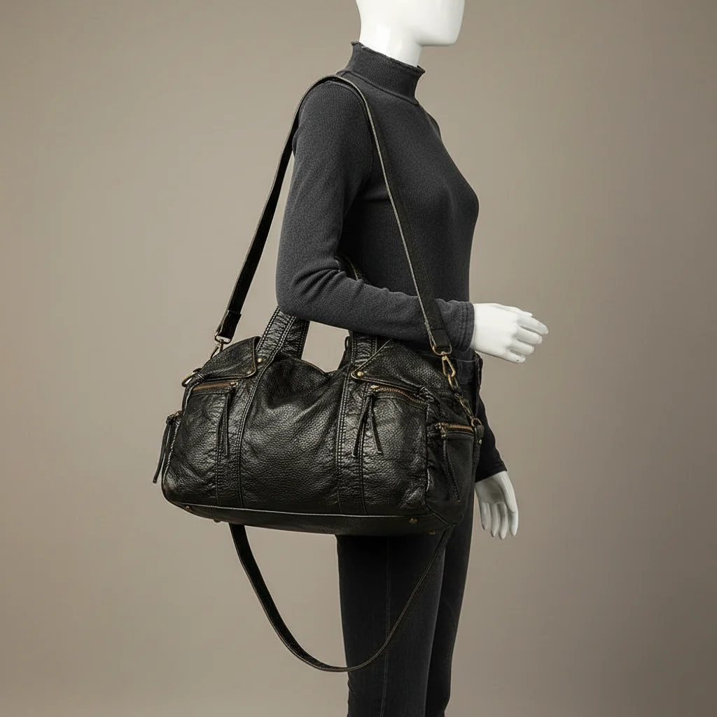 Sac étudiante grand format cuir pu vintage - Vue 5 - sac étudiante